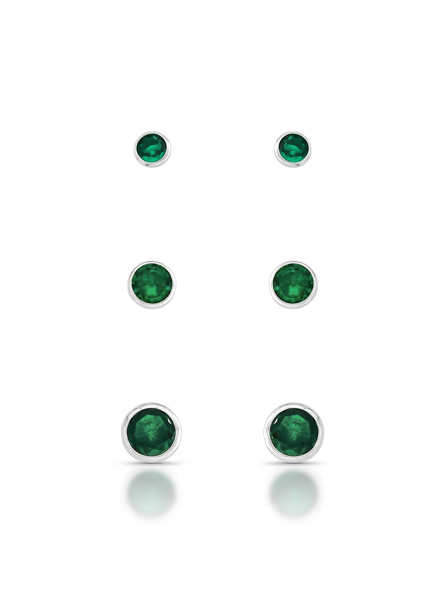 Sterling Silver Emerald Solitaire Stud Earring Trio