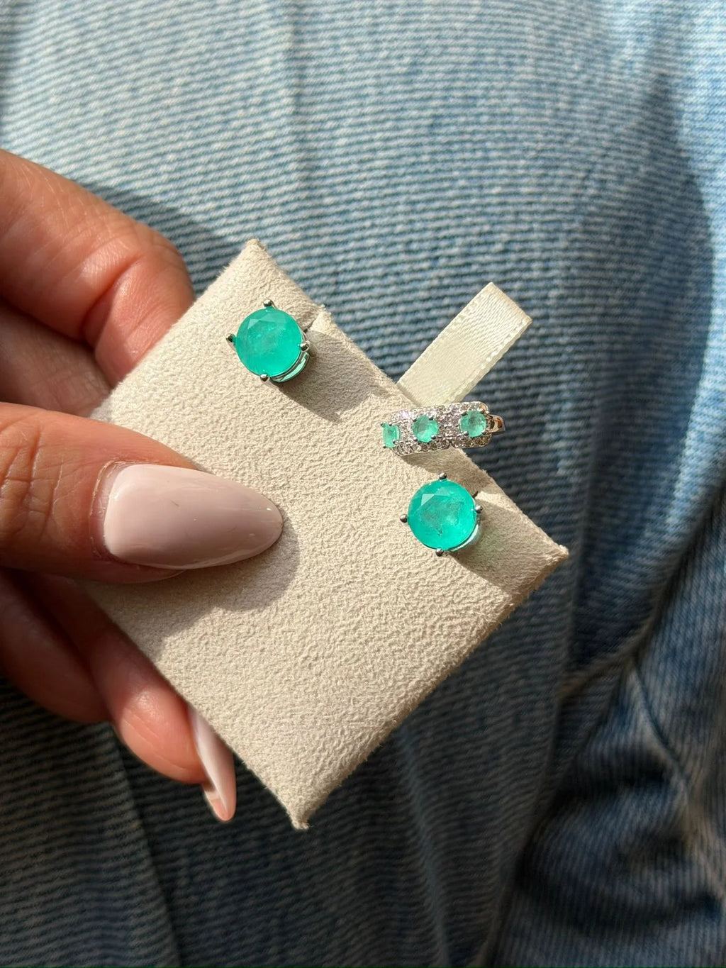 Emerald Fusion Solitaire Stud Earrings | White Rhodium Plated