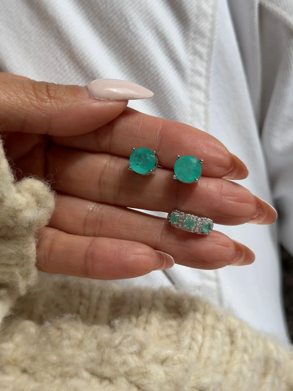 Emerald Fusion Solitaire Stud Earrings | White Rhodium Plated