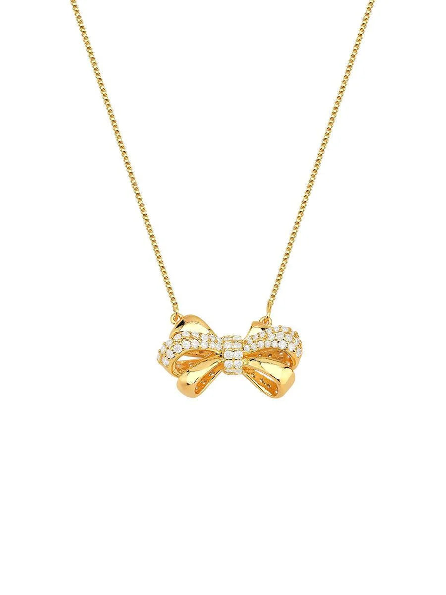 Bow Necklace with Pavé Crystals – 18k Gold Plated