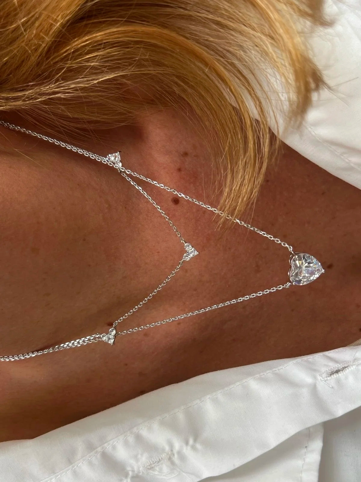 Colar Duplo com Coração Zircônia Cristal em Banho de Ródio Branco | White Rhodium Plated